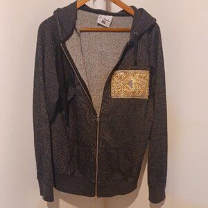 PLUS J. America Black Speckled Blingy Gold patched Cute Long Sleeve Hoodie XXL